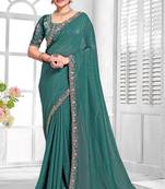 Teal green resham sequence embroidery work silk saree