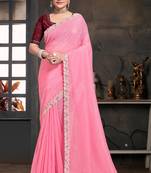 Designer peach resham sequence embroidery work silk saree