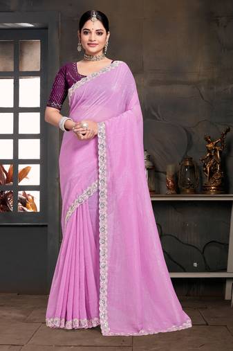 Designer lavender resham sequence embroidery work silk saree