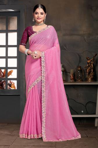 Designer pink resham sequence embroidery work silk saree