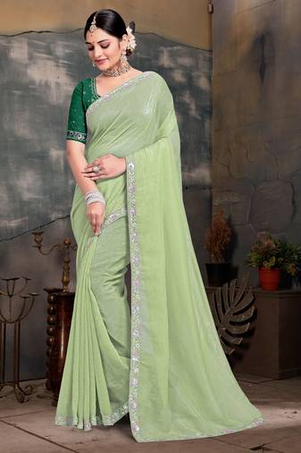 Designer green resham zarkan embroidery work silk saree