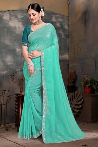 Designer sea green resham zarkan embroidery work silk saree