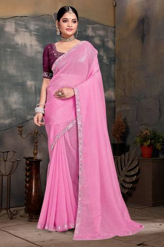 Designer pink resham zarkan embroidery work silk saree