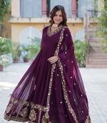 Wine designer readymade long kurti  with Embroidery Sequins-work