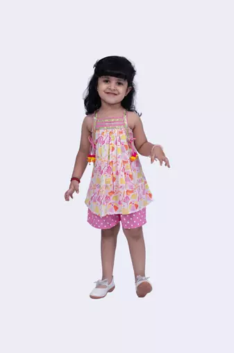 Twisha smart cotton printed breezy beach top & polka printed shorts -white & pink