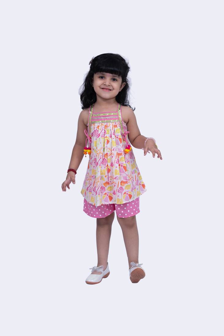 Twisha smart cotton printed breezy beach top & polka printed shorts -white & pink