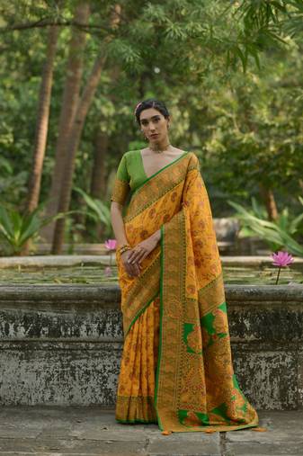 Yellow soft pashmina silk blend weaving saree with zari woven
