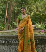 Yellow soft pashmina silk blend weaving saree with zari woven