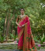 Pink soft pashmina silk blend weaving saree with zari woven