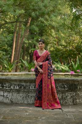 Navy blue soft pashmina silk blend weaving saree with zari woven 1