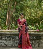 Navy blue soft pashmina silk blend weaving saree with zari woven