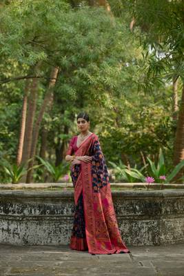 Navy blue soft pashmina silk blend weaving saree with zari woven 2
