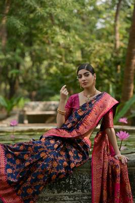 Navy blue soft pashmina silk blend weaving saree with zari woven 5