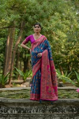 Firozi soft pashmina silk blend weaving saree with zari woven 1