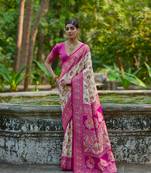 Cream soft pashmina silk blend weaving saree with zari woven
