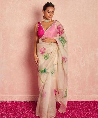White soft tabby organza flower print with handwork saree with unstitched blouse 1