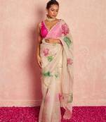 White soft tabby organza flower print with handwork saree with unstitched blouse