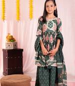 Green cotton half sleeves floral printed kurti with sharara