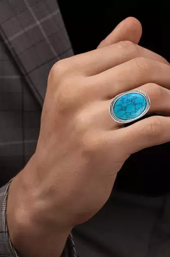 Brass antique silver big heavy turquoise firoza finger ring