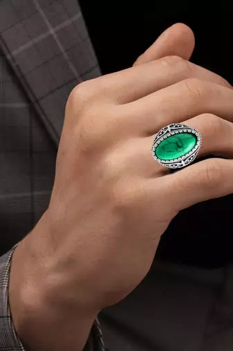 Brass silver green firoza finger ring