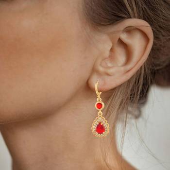 Brass gold imitation ruby dangler fashion earrings 4