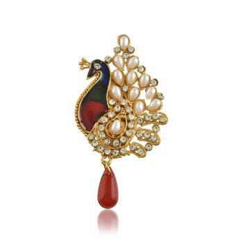 Brass gold pearls meenakari peacock shape saree dupatta pin women clothing accessory 1