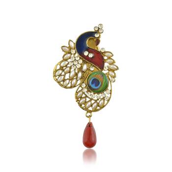 Brass gold pearl cz red bead peacock shape saree dupatta pin women clothing accessory 1