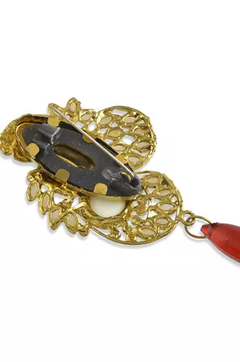 Brass gold pearl cz red bead peacock shape saree dupatta pin women clothing accessory