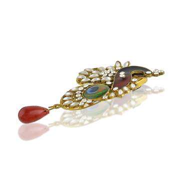 Brass gold pearl cz red bead peacock shape saree dupatta pin women clothing accessory 3