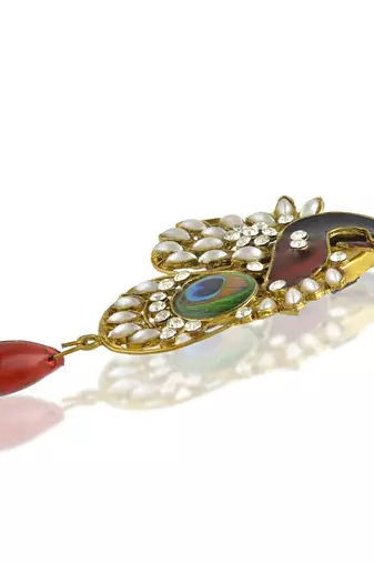 Brass gold pearl cz red bead peacock shape saree dupatta pin women clothing accessory
