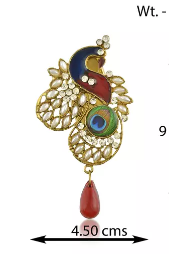 Brass gold pearl cz red bead peacock shape saree dupatta pin women clothing accessory