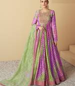 Purple and green embroidered muslin free size stitched anarkali suit