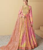 Peach and multi color embroidered muslin free size stitched anarkali suit