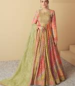Orange and multi color embroidered muslin free size stitched anarkali suit