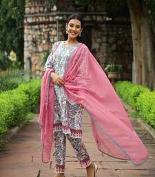 White & purple block printed cotton suit set