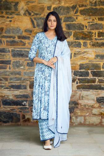 Aqua & blue block printed cotton suit set
