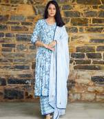 Aqua & blue block printed cotton suit set