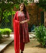 Red & green block printed cotton suit set