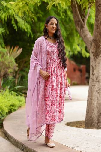 Magenta & pink block printed cotton suit set