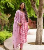 Magenta & pink block printed cotton suit set