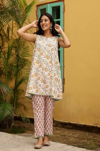 White & yellow block printed cotton cord set