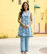 Blue block printed cotton cord set