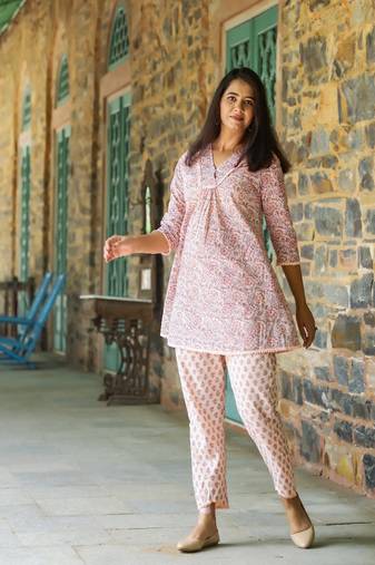 Peach block printed cotton cord set