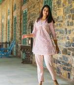 Peach block printed cotton cord set