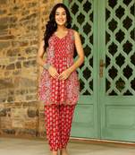 Red block printed cotton cord set