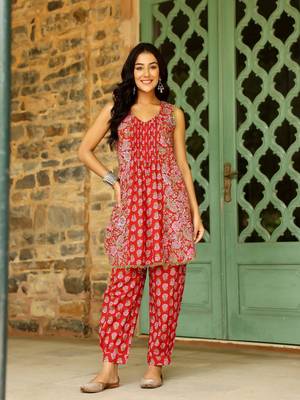 Red block printed cotton cord set 2