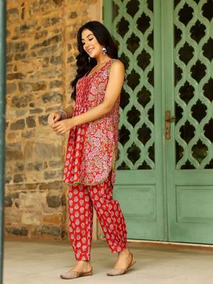 Red block printed cotton cord set 3