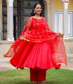 Red gota work lurex anarkali suit set