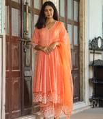 Peach lace dobby cotton anarkali suit set