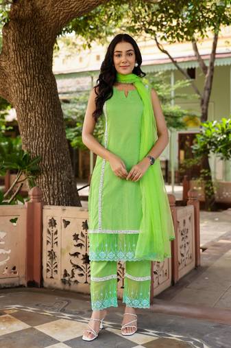 Green dobby cotton straight suit set